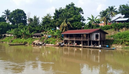 Obraz premium Serene Laotian Stilt House by Calm River in Natural Setting