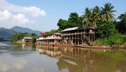 Obraz premium Serene Laotian Stilt Houses by the River in a Natural Setting