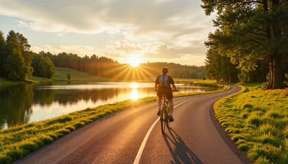 Biker riding along serene lakeside path during sunset in nature  