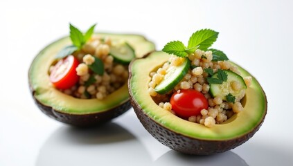 Avocado halves filled with quinoa salad bright lighting clean background