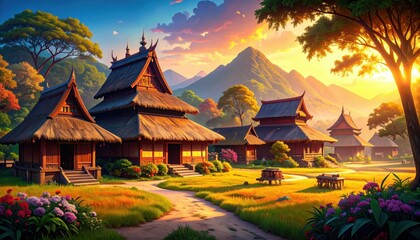 Fototapeta premium Traditional Farmhouse Complex Amidst Lush Artistic Landscape