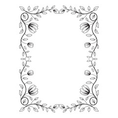 Decorative rectangular floral border frame with hand-drawn flowers and leaves in black and white