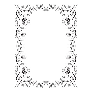 Decorative rectangular floral border frame with hand-drawn flowers and leaves in black and white