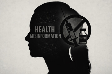 A silhouette of a woman's head against a textured background, symbolizing health misinformation with images of a syringe and a vial, representing vaccine hesitancy and misinformati