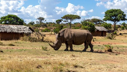 Naklejka premium Majestic Black Rhino in Maasai Protection Area Near Farmhouses