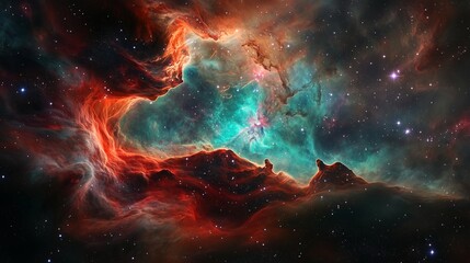 Fototapeta premium A huge gas planet spins through storms and colors, surrounded by soft-hued nebulae and countless stars that sparkle like gems in space.