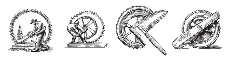 Vintage Illustrations of Woodworking Tools and Logging Scenes, logo design, engraving design, vector illustration
