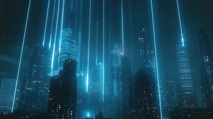 Cyberpunk Cityscape: Neon Beams Illuminate Futuristic Metropolis