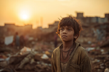 Child in Urban Slum at Sunset Highlighting Socio-Economic Challenges