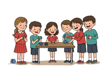 Children happily craft friendship bracelets at a table. A vibrant, playful scene showcasing teamwork and creativity. Ideal for education and family themes.