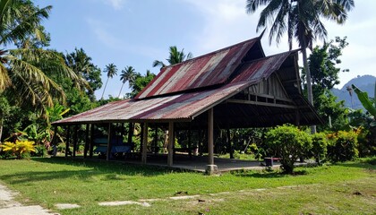 Traditional Malaysian Kampung Farmhouse Surrounded by Tropical Landscape