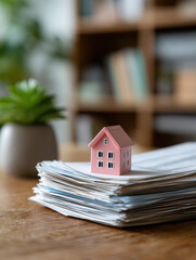 Small pink house model sits on stack of papers symbolizing real estate and npl concepts in cozy office setting