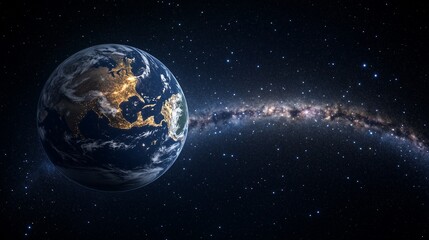 Earth shines under a cosmic ribbon of stars and galaxies, the vivid planet set against a dark sky full of mystery and astronomical wonder.