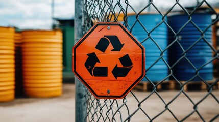 Bright Warning Sign with Recycling Symbol Near Storage Containers