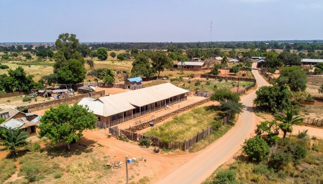 Aerial View of Mandinka Village with Farmhouses and Communal Spaces