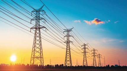 Sunset Over Power Lines Silhouetted Against Vibrant Sky