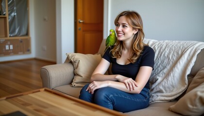 Obraz premium Young woman sitting on sofa with parrot on shoulder in bright, cozy living room, enjoying leisure time at home
