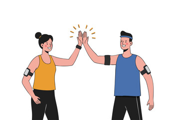 Two active individuals give high-five radiating positivity and motivation Bright colors and a dynamic composition create an energetic and uplifting image suitable for fitness and wellness campaigns