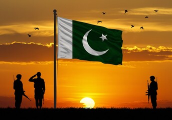 Silhouettes of soldiers with the Pakistan flag stand against the background of a sunset or sunrise. Concept of national holidays. Commemoration Day.