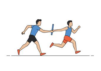 Fototapeta premium Two athletes pass a baton during a relay race, embodying teamwork and spirit. Dynamic illustration with a clean, modern style. Perfect for motivational content.