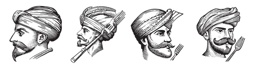 Set of vintage illustrations showcasing diverse turban styles worn by men with mustaches. Each profile highlights unique designs and cultural significance.