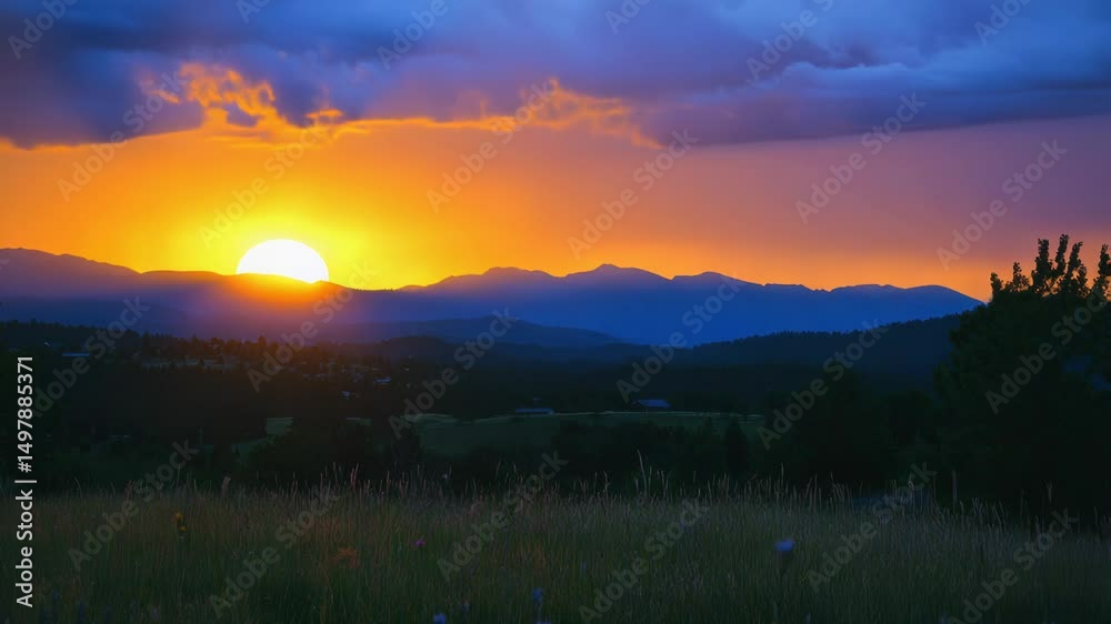 Poster a scenic view of the sunset over the mountains, ideal for use as a backdrop or to add warmth and coz