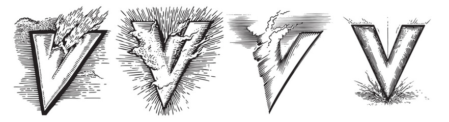 This collection features vintage illustrations of the letter V with various effects like bursts and textures, showcasing artistic flair and classic design elements.