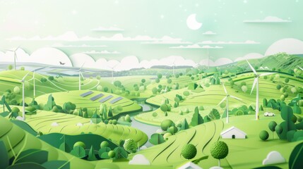 Naklejka premium Sustainable Landscape with Wind Turbines and Solar Panels