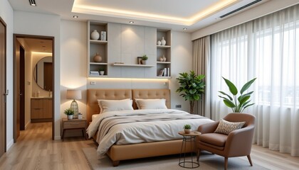 Elegant modern bedroom interior design with large windows, cozy bed, and stylish furniture in neutral tones