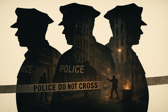 A powerful and thought-provoking image depicting police silhouettes against a dark, urban backdrop