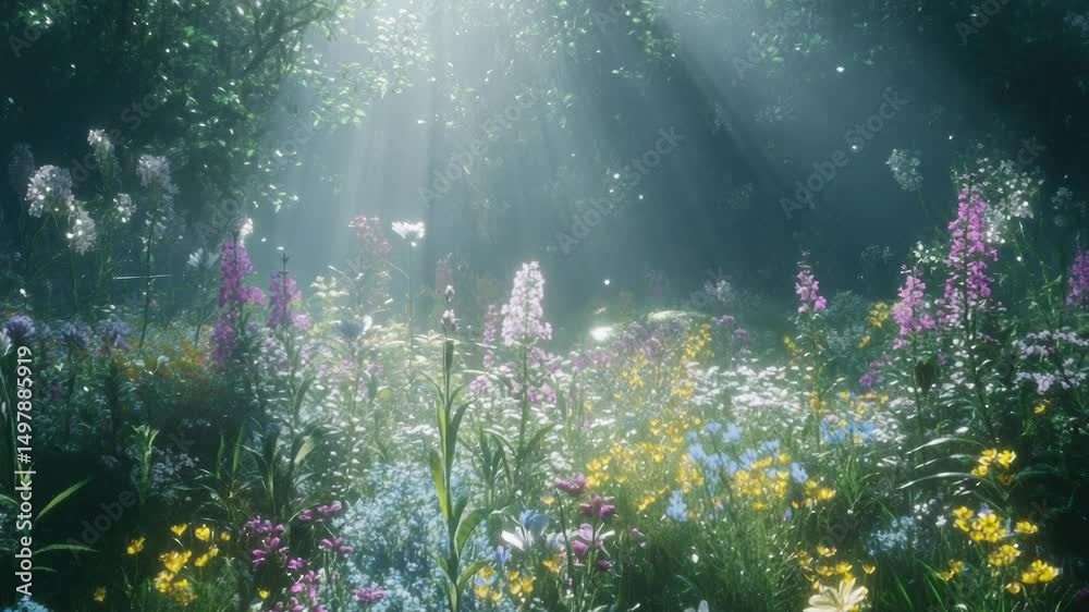 Poster A serene scene of a field of flowers bathed in sunlight filtering through the trees