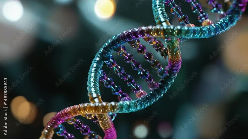 Poster Microscopic view of a double strand of DNA molecule with nucleotide bases highlighted