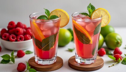 Refreshing Summer Beverage with Raspberries, Mint, Lemon, and Lime Garnish in Clear Glass Cups