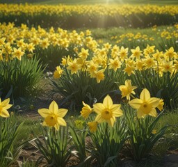 Fototapeta premium Sunlit daffodils burst forth in vibrant yellow against a verdant field , pictures, highquality, growth