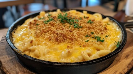 Delicious mac and cheese, baked in a cast iron skillet with breadcrumbs.