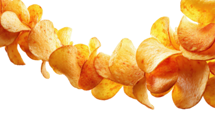 A close-up shot of numerous ruffled potato chips, arranged in a curved, garland-like formation against a black background, showcasing their light orange-yellow color and subtle red spice flecks