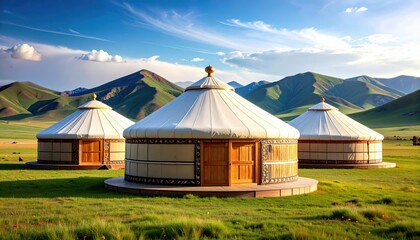 Serene Mongolian Landscape with Traditional Yurts Under a Vibrant Sky