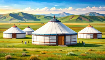 Traditional Mongolian Yurts in Vast Green Landscape at Sunrise