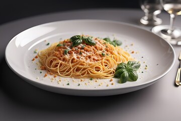 Ultra realistic spaghetti bolognese cheese pasta dish plate in restaurant table