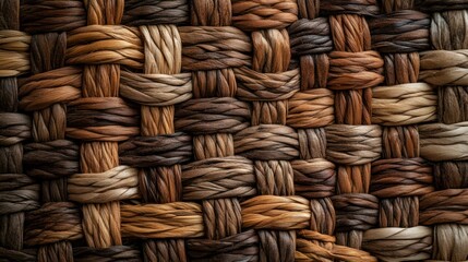 Close up of a tightly woven basket pattern with varying shades of brown.