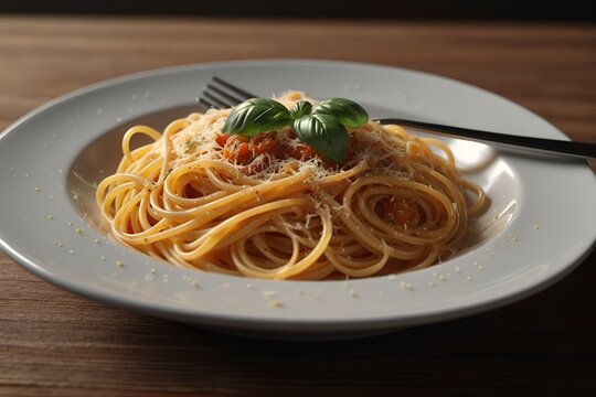 Ultra realistic spaghetti bolognese cheese pasta dish plate in restaurant table