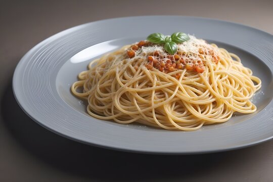 Ultra realistic spaghetti bolognese cheese pasta dish plate in restaurant table