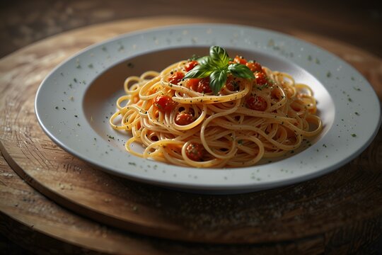 Ultra realistic spaghetti bolognese cheese pasta dish plate in restaurant table