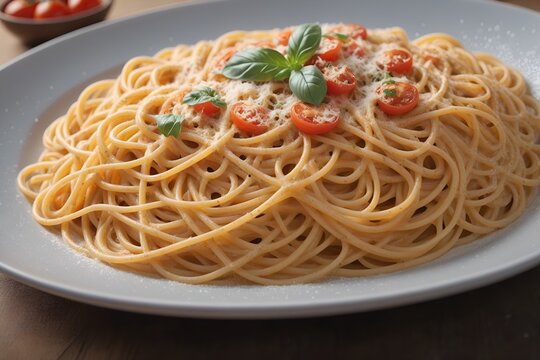 Ultra realistic spaghetti bolognese cheese pasta dish plate in restaurant table