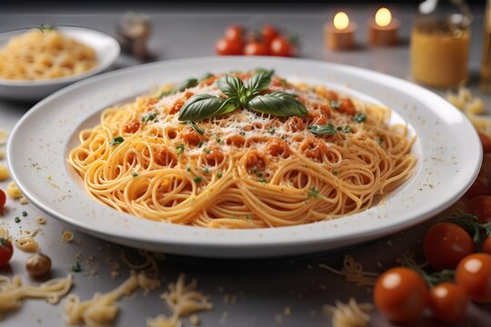 Ultra realistic spaghetti bolognese cheese pasta dish plate in restaurant table