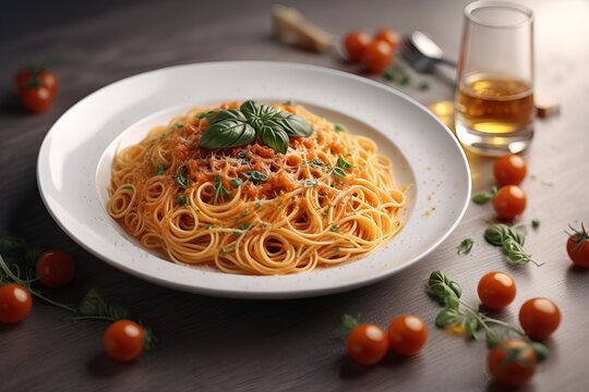 Ultra realistic spaghetti bolognese cheese pasta dish plate in restaurant table