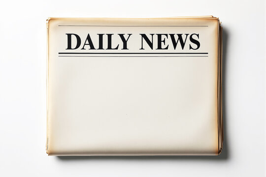 Top view of a blank newspaper front page with DAILY NEWS headline in bold font, styled in a creative layout over a clean white background. Ai generative