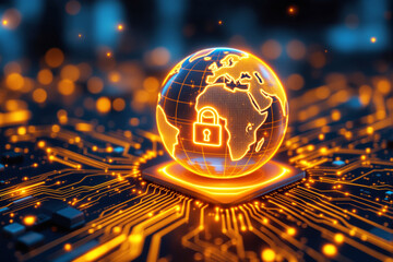 Glowing digital globe with padlock on microchip, futuristic circuit board background, symbolizing cybersecurity and data protection concept. Ai generative