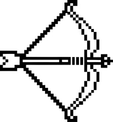 pixelated bow and arrow icon in black and white retro gaming, simple design, minimalist symbol