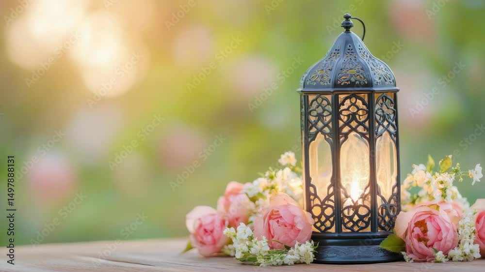 Poster a simple yet elegant still life of a lantern surrounded by flowers on a wooden table